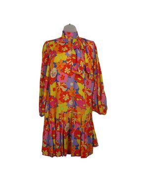 Emily McCarthy Floral Long Sleeve Dress Tiered Hem Multicolor Small $318 Luxury